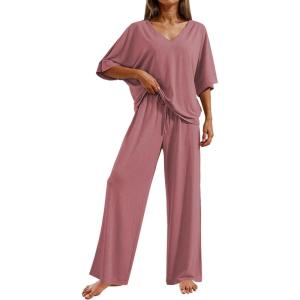 image:imageEkouaer Pajama Sets for Women 2 Piece Lounge Set Short Sleeve Tops and Long Pants Soft Comfy Pjs Sleepwear Outfits SXXLPurple Red