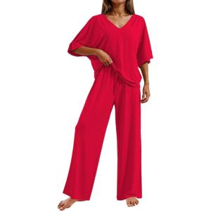 image:imageEkouaer Pajama Sets for Women 2 Piece Lounge Set Short Sleeve Tops and Long Pants Soft Comfy Pjs Sleepwear Outfits SXXLRed
