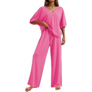 image:imageEkouaer Pajama Sets for Women 2 Piece Lounge Set Short Sleeve Tops and Long Pants Soft Comfy Pjs Sleepwear Outfits SXXLRose Pink