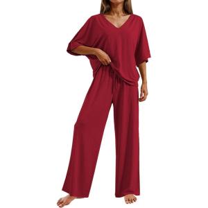 image:imageEkouaer Pajama Sets for Women 2 Piece Lounge Set Short Sleeve Tops and Long Pants Soft Comfy Pjs Sleepwear Outfits SXXLWine
