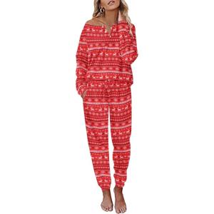 image:imageEkouaer Pajamas Womens Waffle Knit Sleepwear Long Sleeve Top with Pants Casual Pjs Loungewear Set SXXLChristmas