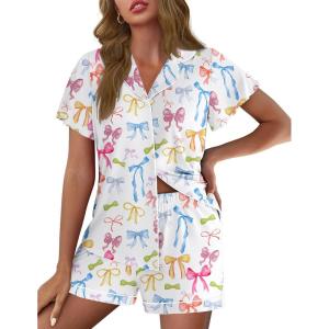 image:imageEkouaer Pajamas for Women Set Button Up Pjs Short Sleeve Ruffle Sleepwear Notch Collar Bride Soft Pj Lounge Sets SXXLColorful Bow Tie