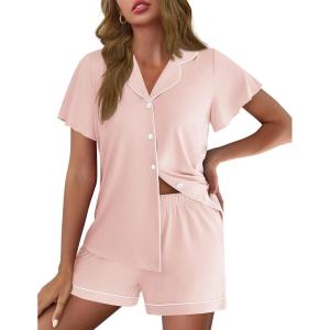 image:imageEkouaer Pajamas for Women Set Button Up Pjs Short Sleeve Ruffle Sleepwear Notch Collar Bride Soft Pj Lounge Sets SXXLPastel Pink