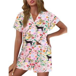 image:imageEkouaer Pajamas for Women Set Button Up Pjs Short Sleeve Ruffle Sleepwear Notch Collar Bride Soft Pj Lounge Sets SXXLPink Leopard
