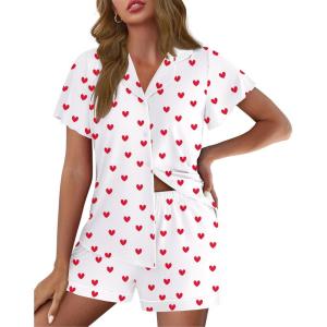 image:imageEkouaer Pajamas for Women Set Button Up Pjs Short Sleeve Ruffle Sleepwear Notch Collar Bride Soft Pj Lounge Sets SXXLWhite Love Heart