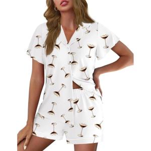 image:imageEkouaer Pajamas for Women Set Button Up Pjs Short Sleeve Ruffle Sleepwear Notch Collar Bride Soft Pj Lounge Sets SXXLWhite Mratini