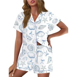 image:imageEkouaer Pajamas for Women Set Button Up Pjs Short Sleeve Ruffle Sleepwear Notch Collar Bride Soft Pj Lounge Sets SXXLWhite Sea Shell