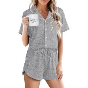 image:imageEkouaer Pajamas for Women Set Button Up Sleepwear 2 Piece Pjs Lounge Set Short Sleeve NightwearLight Gray