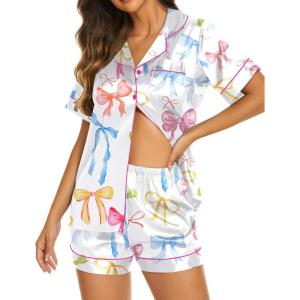 image:imageEkouaer Silk Pajamas for Women Short Sleeve Sleepwear Soft Button Down Loungewear 2 Piece Satin Pjs Shorts SetBow Knot White