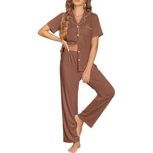image:imageEkouaer Womens Pajama Sets Button Down Pjs Lounge Sets 2 Piece Short Sleeve Sleepwear Soft Comfy LoungewearBrown