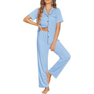 image:imageEkouaer Womens Pajama Sets Button Down Pjs Lounge Sets 2 Piece Short Sleeve Sleepwear Soft Comfy LoungewearCool Blue