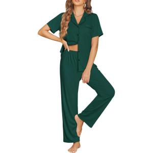 image:imageEkouaer Womens Pajama Sets Button Down Pjs Lounge Sets 2 Piece Short Sleeve Sleepwear Soft Comfy LoungewearDark Green