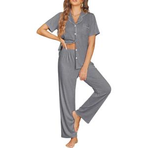 image:imageEkouaer Womens Pajama Sets Button Down Pjs Lounge Sets 2 Piece Short Sleeve Sleepwear Soft Comfy LoungewearGrey