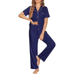 image:imageEkouaer Womens Pajama Sets Button Down Pjs Lounge Sets 2 Piece Short Sleeve Sleepwear Soft Comfy LoungewearNavy Blue