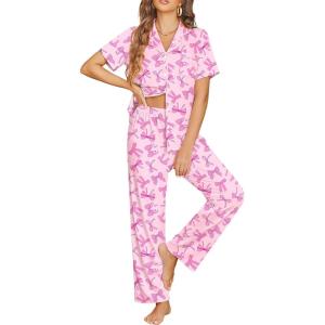 image:imageEkouaer Womens Pajama Sets Button Down Pjs Lounge Sets 2 Piece Short Sleeve Sleepwear Soft Comfy LoungewearPink Bow