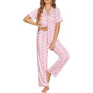 image:imageEkouaer Womens Pajama Sets Button Down Pjs Lounge Sets 2 Piece Short Sleeve Sleepwear Soft Comfy LoungewearPink Carrots