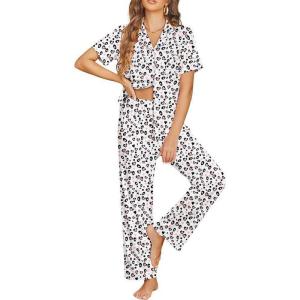 image:imageEkouaer Womens Pajama Sets Button Down Pjs Lounge Sets 2 Piece Short Sleeve Sleepwear Soft Comfy LoungewearPink and White Leopard