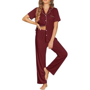 image:imageEkouaer Womens Pajama Sets Button Down Pjs Lounge Sets 2 Piece Short Sleeve Sleepwear Soft Comfy LoungewearWine Red