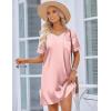 image:imageEkouaer Satin Nightgowns for Women Silk Sleep Shirt Silky Loose Sleepwear V Neck Nightshirt Short Sleeve PajamasPink Stripes