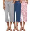 image:imageEkouaer 3 Pack Women Capri Pajama Pants 2026 Ruffle hem Lounge Pants Drawstring Pj Bottoms with PocketsNavy Blue  Pink Leopard  Dark Heather Grey