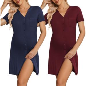 image:imageEkouaer 2 Pack LaborDeliveryHospital Gown 3 in 1 Maternity Dress V Neck Nursing Nightgown Postpartum Pajamas with ButtonNavy BlueDark Red