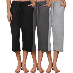 image:imageEkouaer 3 Pack Women Capri Pajama Pants 2026 Ruffle hem Lounge Pants Drawstring Pj Bottoms with PocketsBlack  Dark Heather Grey  Light Heather Gray