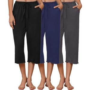 image:imageEkouaer 3 Pack Women Capri Pajama Pants 2026 Ruffle hem Lounge Pants Drawstring Pj Bottoms with PocketsBlack  Dark Navy  Dark Grey