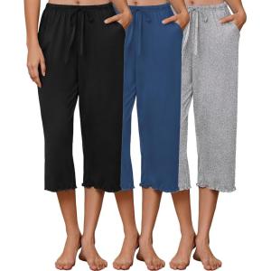 image:imageEkouaer 3 Pack Women Capri Pajama Pants 2026 Ruffle hem Lounge Pants Drawstring Pj Bottoms with PocketsBlack  Navy Blue  Light Heather Gray