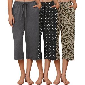 image:imageEkouaer 3 Pack Women Capri Pajama Pants 2026 Ruffle hem Lounge Pants Drawstring Pj Bottoms with PocketsDark Heather Grey  Black Polka Dot  Khaki Leopard