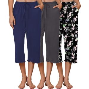 image:imageEkouaer 3 Pack Women Capri Pajama Pants 2026 Ruffle hem Lounge Pants Drawstring Pj Bottoms with PocketsNavy  Dark Grey  Black Flower