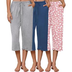 image:imageEkouaer 3 Pack Women Capri Pajama Pants 2026 Ruffle hem Lounge Pants Drawstring Pj Bottoms with PocketsNavy Blue  Pink Leopard  Dark Heather Grey
