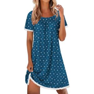 image:imageEkouaer Cotton Nightgowns for Women Pleated Sleep Shirts Short Sleeve Night Shirt Lace Trim Sleep Dress Ladies GownDog Footprints