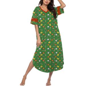 image:imageEkouaer Long Nightgown Womens V Neck Loungewear Oversized Sleepwear Loose Sleep Dress S4XLGreen Christmas