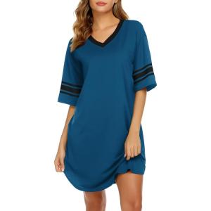 image:imageEkouaer Nightgowns for Women Cotton Night Gown Short Sleeve Sleepwear V Neck Color Block Sleep Shirts Ladies Night ShirtsAblue