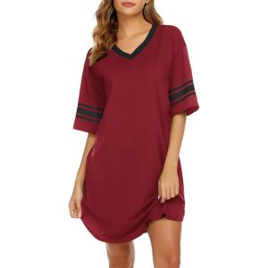 image:imageEkouaer Nightgowns for Women Cotton Night Gown Short Sleeve Sleepwear V Neck Color Block Sleep Shirts Ladies Night ShirtsAwine Red