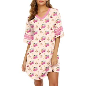 image:imageEkouaer Nightgowns for Women Cotton Night Gown Short Sleeve Sleepwear V Neck Color Block Sleep Shirts Ladies Night ShirtsBteddy