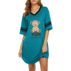image:imageEkouaer Nightgowns for Women Cotton Night Gown Short Sleeve Sleepwear V Neck Color Block Sleep Shirts Ladies Night ShirtsCteddy Blue