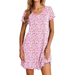 image:imageEkouaer Nightgowns for Women Short Sleeve Sleepshirt V Neck Short Nightshirt Pullover Soft Ruffled Sleepwear SXXXLPink Florals