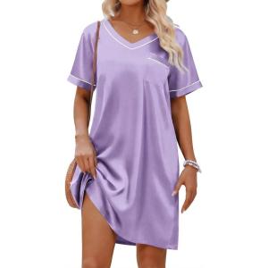 image:imageEkouaer Satin Nightgowns for Women Silk Sleep Shirt Silky Loose Sleepwear V Neck Nightshirt Short Sleeve PajamasLilac