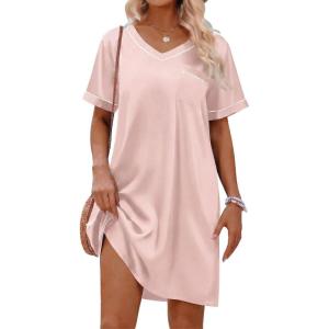 image:imageEkouaer Satin Nightgowns for Women Silk Sleep Shirt Silky Loose Sleepwear V Neck Nightshirt Short Sleeve PajamasMedium Pink