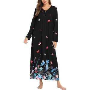 image:imageEkouaer Womens Long Sleeve Nightgown Full Length Sleepwear Long Sleepshirts Henley Sleep Dress S4XLBlack Butterfly