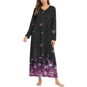 image:imageEkouaer Womens Long Sleeve Nightgown Full Length Sleepwear Long Sleepshirts Henley Sleep Dress S4XLBlack Sakura
