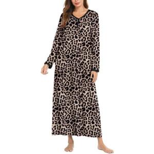 image:imageEkouaer Womens Long Sleeve Nightgown Full Length Sleepwear Long Sleepshirts Henley Sleep Dress S4XLBrown Leopard Print