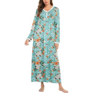 image:imageEkouaer Womens Long Sleeve Nightgown Full Length Sleepwear Long Sleepshirts Henley Sleep Dress S4XLGreen Flower