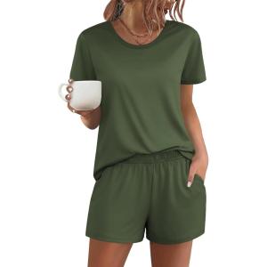 image:imageEkouaer Womens Pajama Sets Short Sleeve Pjs 2 Piece Top and Shorts Sleepwear Comfy Soft Lounge Sets with PocketsArmy Green