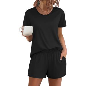 image:imageEkouaer Womens Pajama Sets Short Sleeve Pjs 2 Piece Top and Shorts Sleepwear Comfy Soft Lounge Sets with PocketsBlack