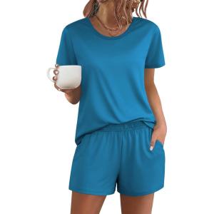 image:imageEkouaer Womens Pajama Sets Short Sleeve Pjs 2 Piece Top and Shorts Sleepwear Comfy Soft Lounge Sets with PocketsBlue Green