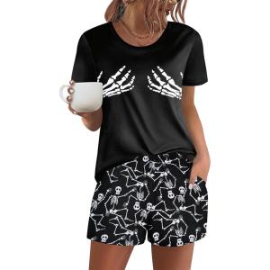 image:imageEkouaer Womens Pajama Sets Short Sleeve Pjs 2 Piece Top and Shorts Sleepwear Comfy Soft Lounge Sets with PocketsHalloween Skeleton Print