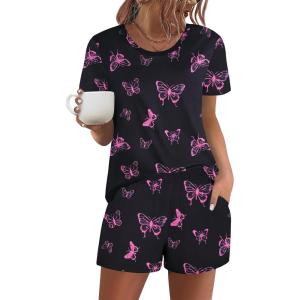 image:imageEkouaer Womens Pajama Sets Short Sleeve Pjs 2 Piece Top and Shorts Sleepwear Comfy Soft Lounge Sets with PocketsPink Butterfly