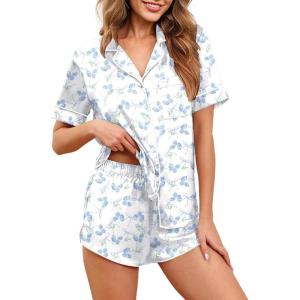 image:imageEkouaer Womens Silk Satin Pajamas Set Short Sleeve Sleepwear Button Down Loungewear 2 Piece Pjs Shorts Set S5X Plus SizeBlue Bow Hydrangea